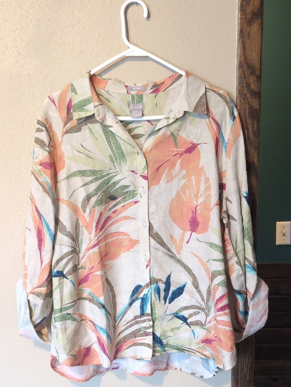 Chico's No-iron Pastel Botanical Button-Up Shirt - Green, Peach, Cream